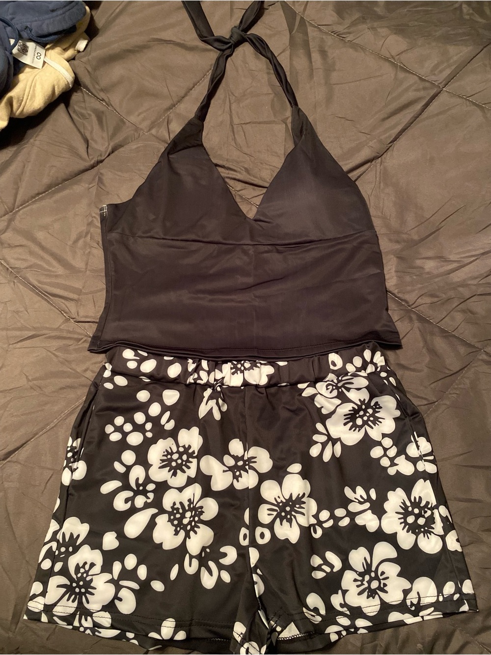Black Floral Halter Tankini Top and Shorts Swim Set